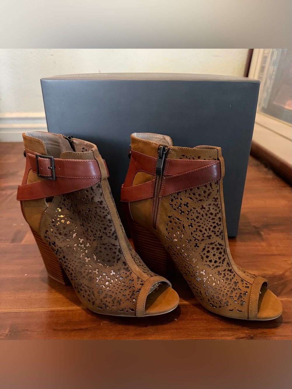 Vince Camuto Women's Tan Cutout Peep-Toe Ankle Booties with Brown Strap